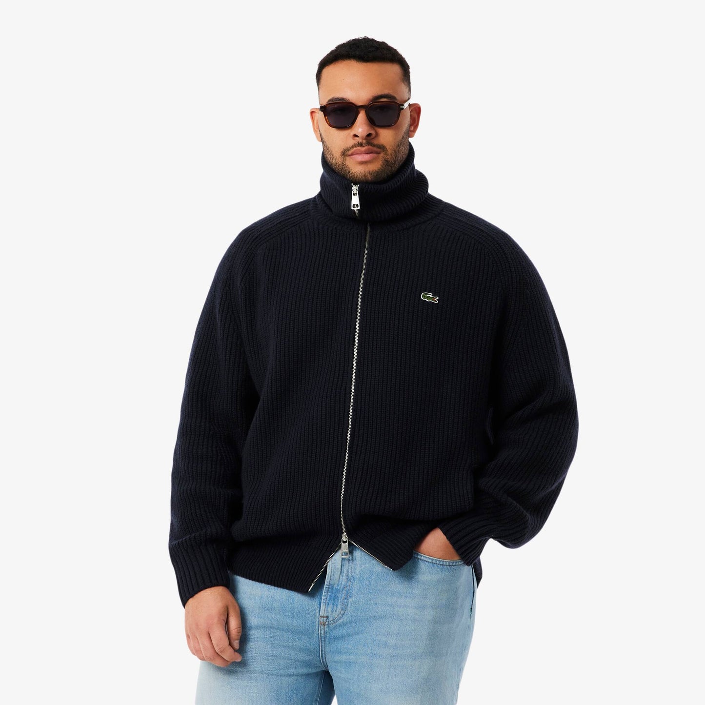 Hochgeschlossener Wollpullover mit Reißverschluss