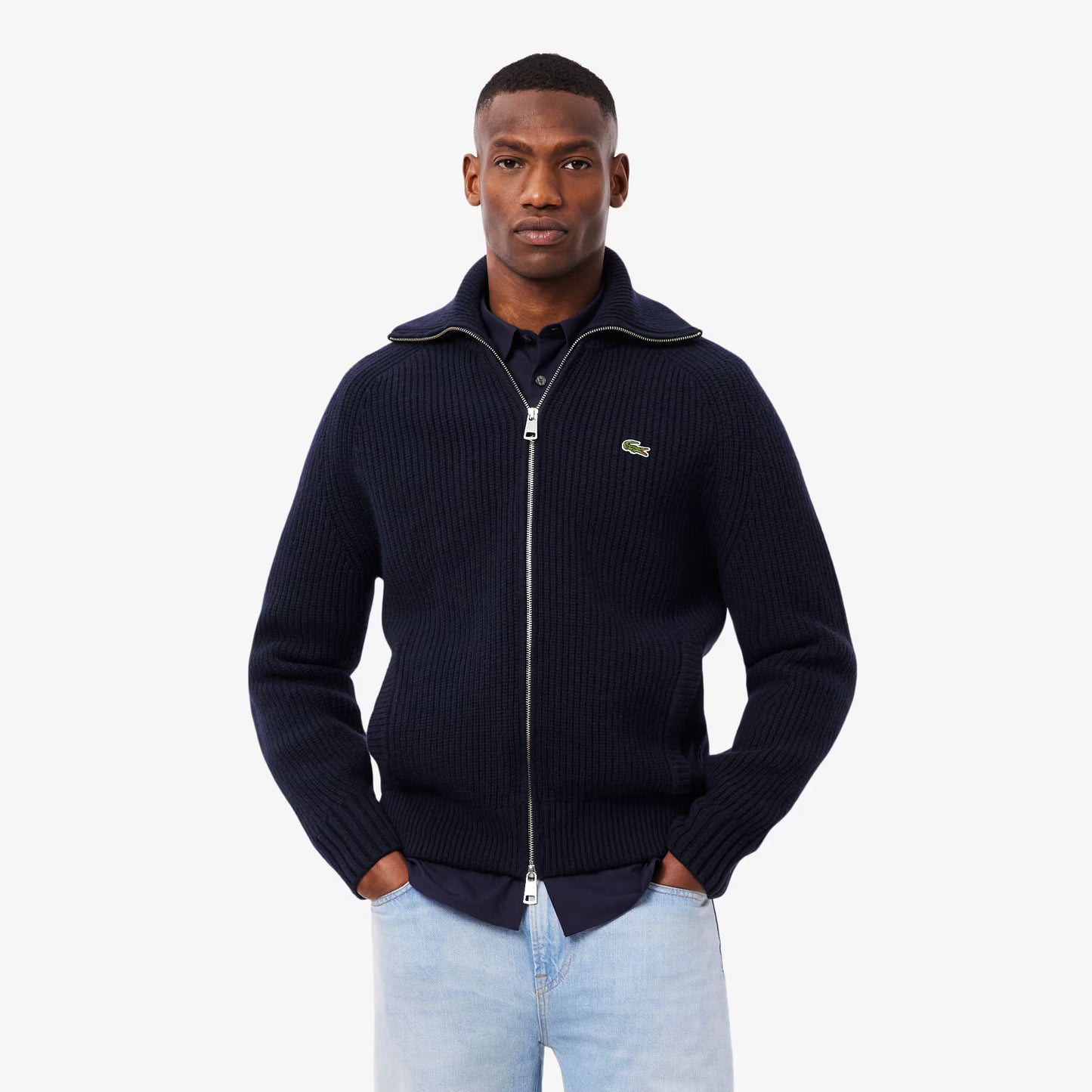 Hochgeschlossener Wollpullover mit Reißverschluss