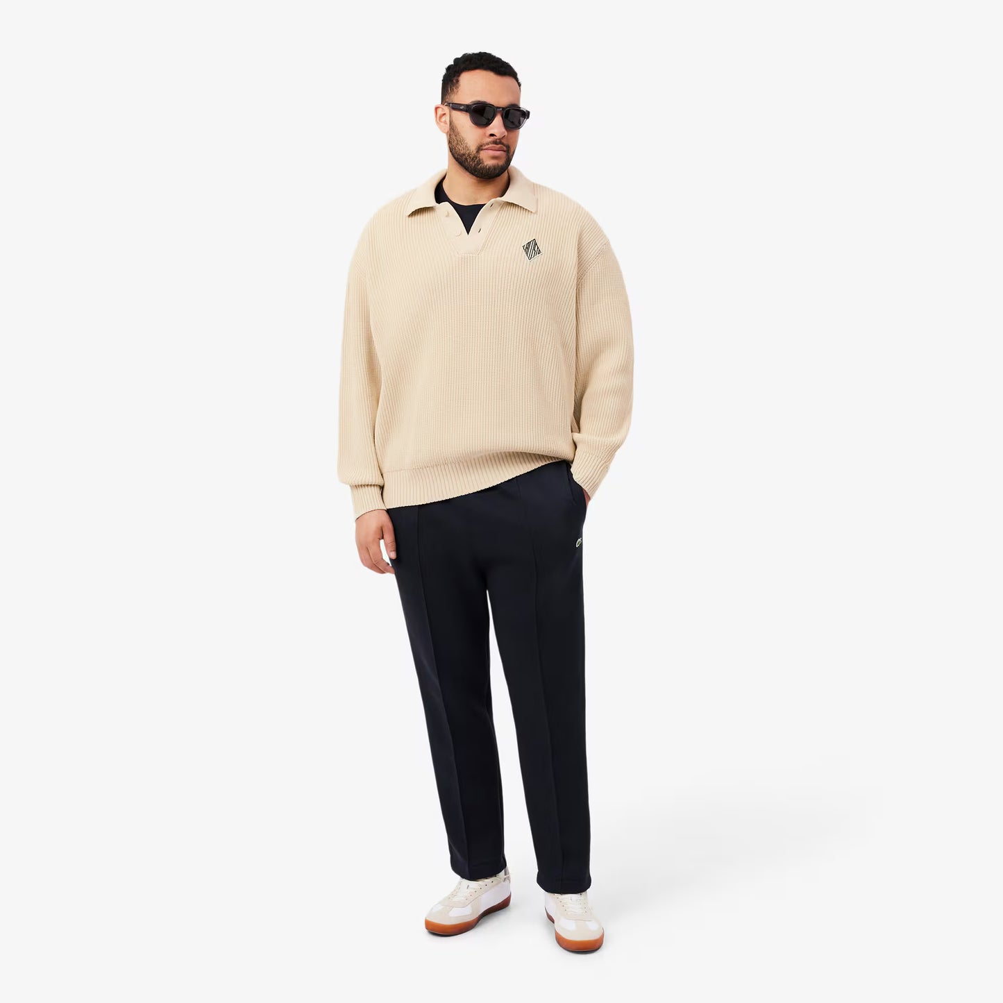 Badge Accent Pearl Rib Polo Collar Sweater